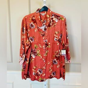 John Mark NWT 2X Linen Button Down Tunic Blouse Autumn Harvest Floral Mauve $129